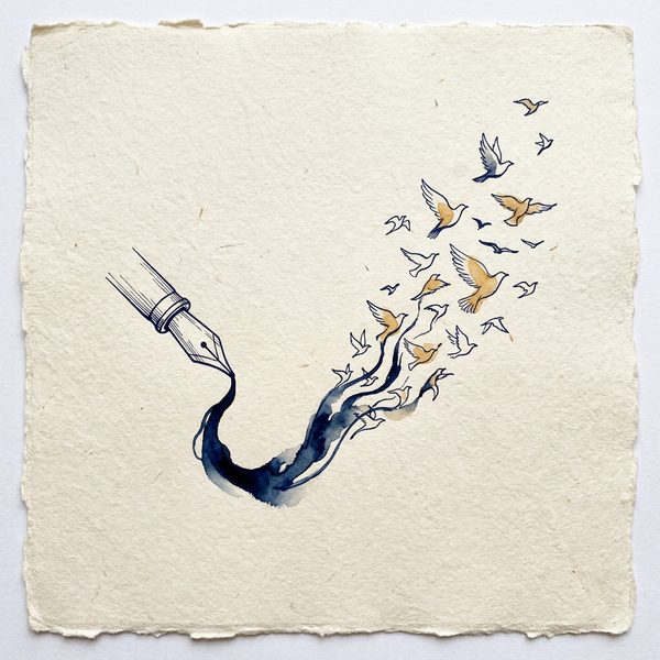 Une plume d'où l'encre s'envole en oiseaux bleus et dorés